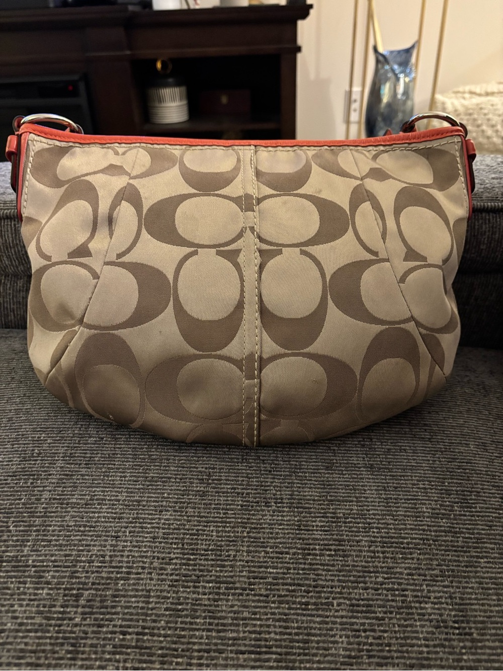 Coach K0868-12675 Signature Metallic Khaki Jacquard Orange Leather Shoulder Bag - Picture 2 of 16